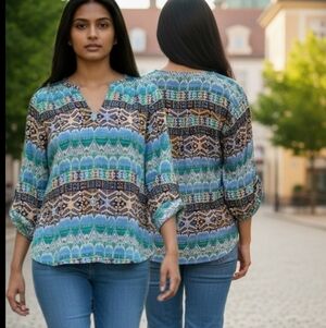 Collective Concepts Boho Blue Print 3/4 Sleeve Sz S Festival Earthy Aztec Chic